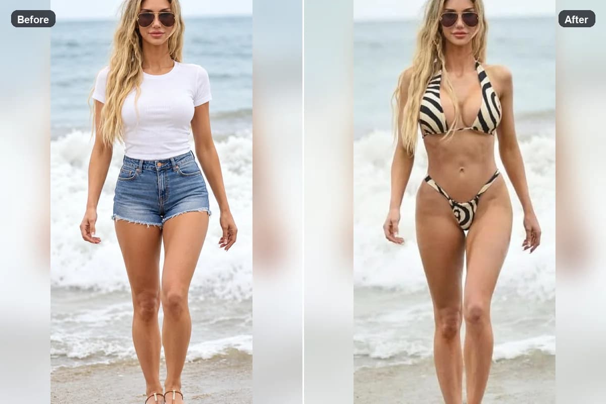 Before and after outfit replacement with a patterned bikini by the ocean