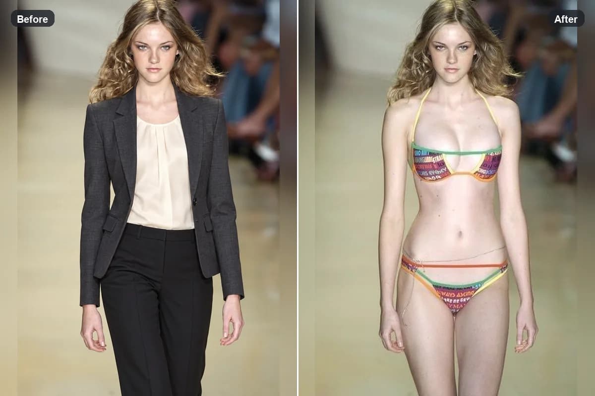 Before and after a runway outfit changes to a colorful bikini