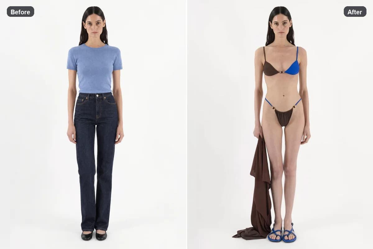 Before and after outfit replacement with a two-piece swimsuit in a studio