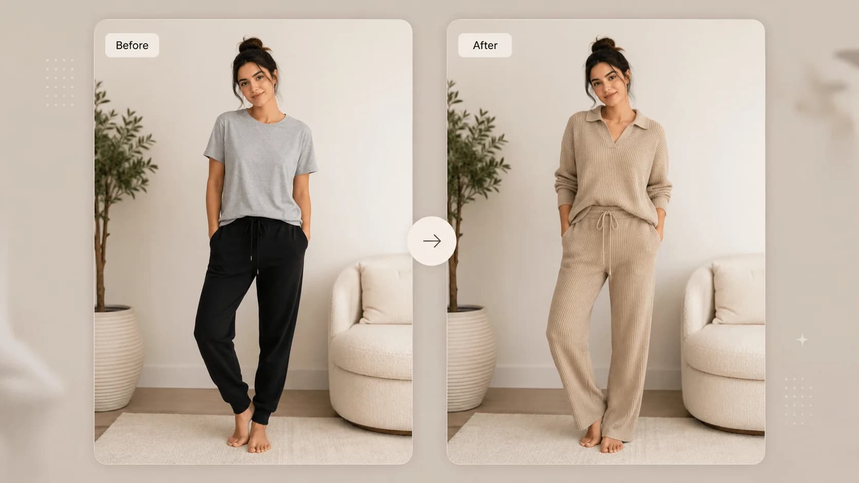 Side-by-side outfit previews for different occasions